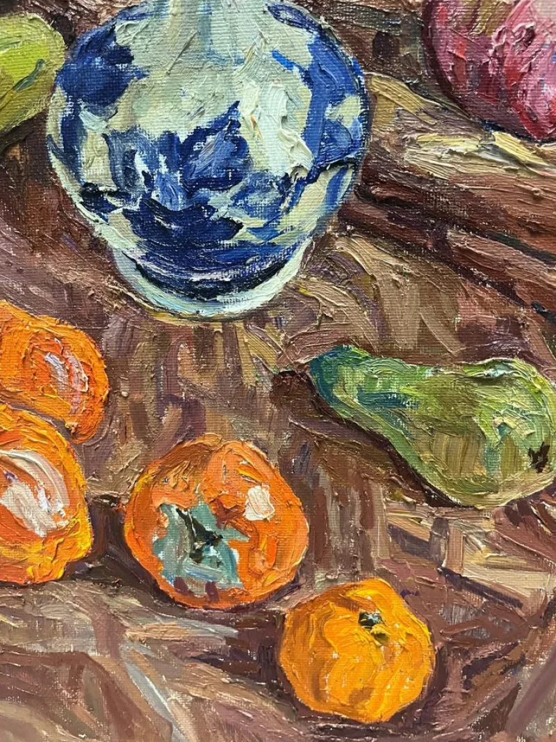 Outlet Pamono Maya Kopitzeva, Still Life with Blue Vase and Oranges, Oil Painting, 1987