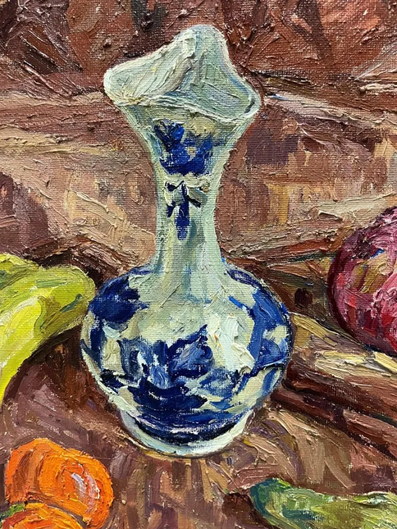 Outlet Pamono Maya Kopitzeva, Still Life with Blue Vase and Oranges, Oil Painting, 1987