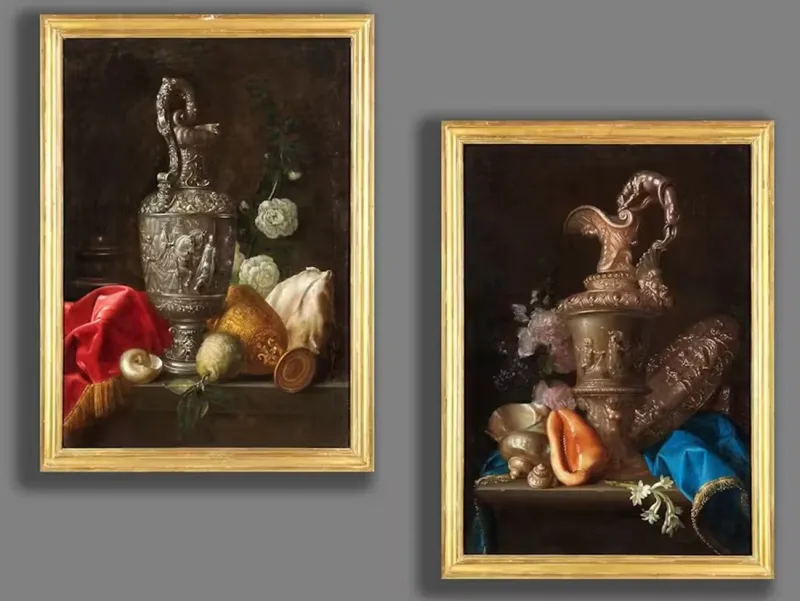 Pamono Meiffren Conte or Comte, Still Lifes with Jugs and Shell, Oil on Canvases, 17th Century, Framed, Set of 2> Old Masters