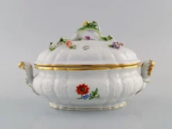 Pamono Meissen Porcelain Lidded Tureen With Hand-Painted Flowers and Gold Edge