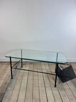 Pamono Metal and Glass Coffee Table by Gérard Guermomprez, 1956><noscript><img width=