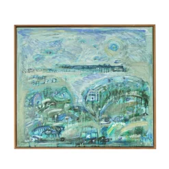Sale Pamono Mette Birckner, Abstract Impressionist Turquoise Town with Animals, 2018, Oil on Canvas