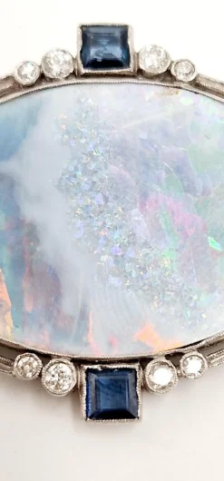 Pamono Mid-Century 18 Karat White Gold Brooch with Multicolored Opal, Diamonds and Sapphires, Italy, 1950s><noscript><img width=