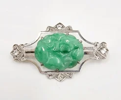 Pamono Mid-Century 18 Karat White Gold Brooch with Jade and Diamonds, Italy, 1950s> Brooches