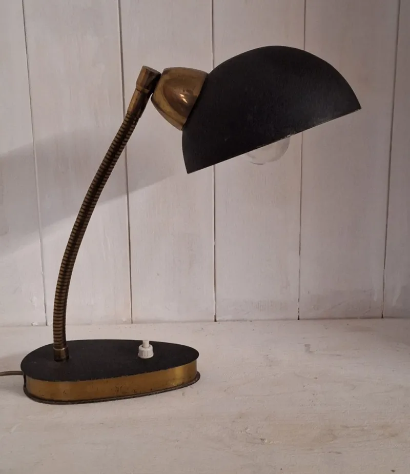 New Pamono Mid-Century Adjustable Desk Lamp with Brass Flex Arm and Black Lacquered Metal Reflector, 1960s