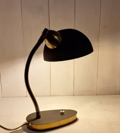New Pamono Mid-Century Adjustable Desk Lamp with Brass Flex Arm and Black Lacquered Metal Reflector, 1960s