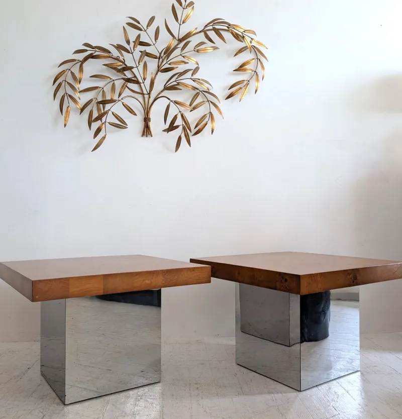 Pamono Mid-Century American Chrome and Burlwood Coffee Tables by Milo Baughman for Thayer Coggin, 1970s, Set of 2> Coffee & Side Tables