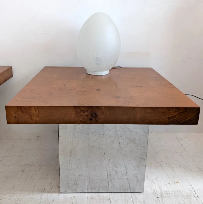 Pamono Mid-Century American Chrome and Burlwood Coffee Tables by Milo Baughman for Thayer Coggin, 1970s, Set of 2> Coffee & Side Tables