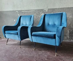 Best Pamono Mid-Century Armchairs in Blue Velvet, Italy, 1950s, Set of 2