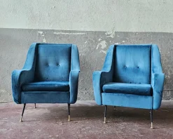 Best Pamono Mid-Century Armchairs in Blue Velvet, Italy, 1950s, Set of 2