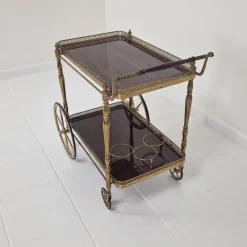 Best Pamono Mid-Century Bar Trolley with Wood and Brass, France, 1950s