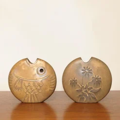 Clearance Pamono Mid-Century Brown Ceramic Fish and Flower Vases from Rois de Majorque, France, 1970s, Set of 2