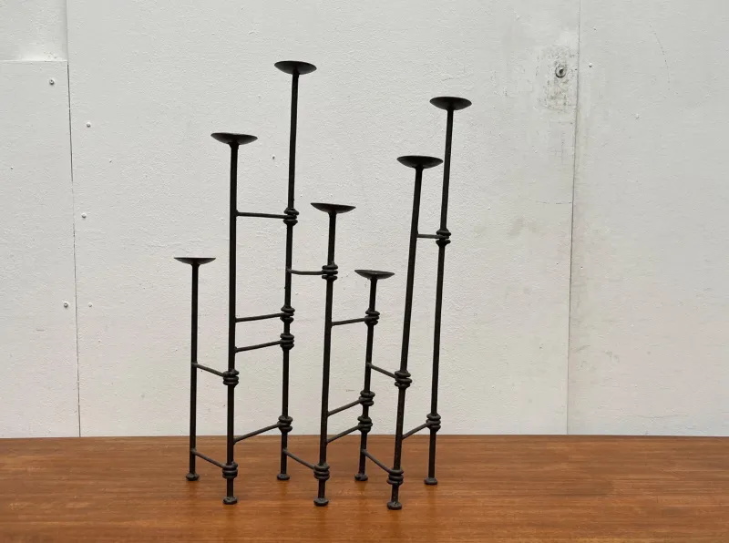 New Pamono Mid-Century Brutalist Wrought Iron Extendable Floor Candleholder, 1960s
