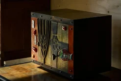 Pamono Mid-Century Cabinet in Brass, Metal, Enamel and Gemstones, Belgium, 1960s