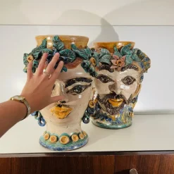 Pamono Mid-Century Ceramic Planters from Caltagirone Sicilia, Italy, Set of 2> Planters And Jardiniere