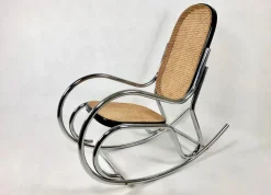 Pamono Mid-Century Chromed Steel & Rattan Rocking Chair, 1970s><noscript><img width=