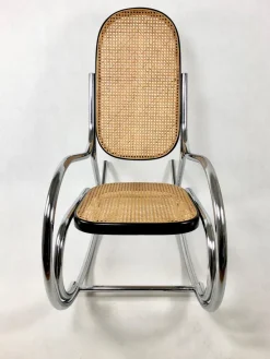 Pamono Mid-Century Chromed Steel & Rattan Rocking Chair, 1970s><noscript><img width=