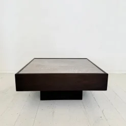 Pamono Mid-Century Coffee Table in Dark Oak with Etched Metal Top attributed to Lilienthal, 1970s> Coffee & Side Tables