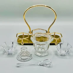 Pamono Mid-Century Crystal Harcourt Missouri Condiment or Caviar Set with Lidded Central Jar, Spoon, and Two Facetted Cut Dishes in Gilt Handled Tray from Baccarat, 1950s, Set of 6><noscript><img width=