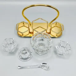 Pamono Mid-Century Crystal Harcourt Missouri Condiment or Caviar Set with Lidded Central Jar, Spoon, and Two Facetted Cut Dishes in Gilt Handled Tray from Baccarat, 1950s, Set of 6><noscript><img width=