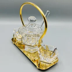 Pamono Mid-Century Crystal Harcourt Missouri Condiment or Caviar Set with Lidded Central Jar, Spoon, and Two Facetted Cut Dishes in Gilt Handled Tray from Baccarat, 1950s, Set of 6><noscript><img width=