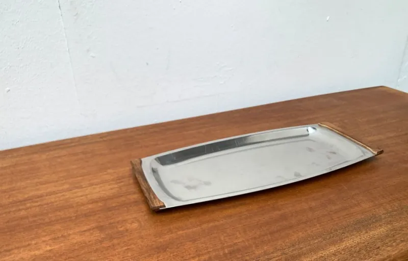 Clearance Pamono Mid-Century Danish Stainless Steel and Teak Tray from Lundtofte Denmark, 1960s