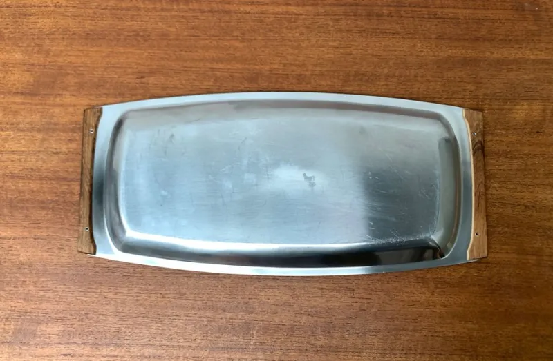 Clearance Pamono Mid-Century Danish Stainless Steel and Teak Tray from Lundtofte Denmark, 1960s