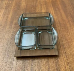 New Pamono Mid-Century Danish Teak with Cabaret Glass Trays from Holmegaard, 1960s, Set of 4