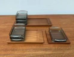 Discount Pamono Mid-Century Danish Tray in Teak with Cabaret Glass Trays from Holmegaard, 1960s, Set of 9