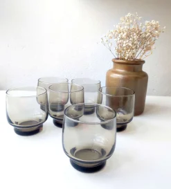 Pamono Mid-Century French Minimalist Smoked Glasses from Luminarc, 1970s, Set of 6><noscript><img width=