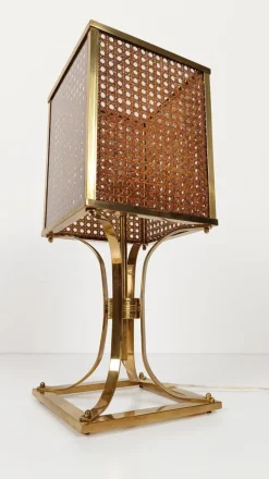 Pamono Mid-Century Hollywood Regency Brass and Cane Webbing Table Lamp, 1970s><noscript><img width=