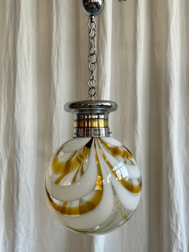 Best Pamono Mid-Century Italian Amber and White Swirl Murano Glass Globe Pendant, 1960s