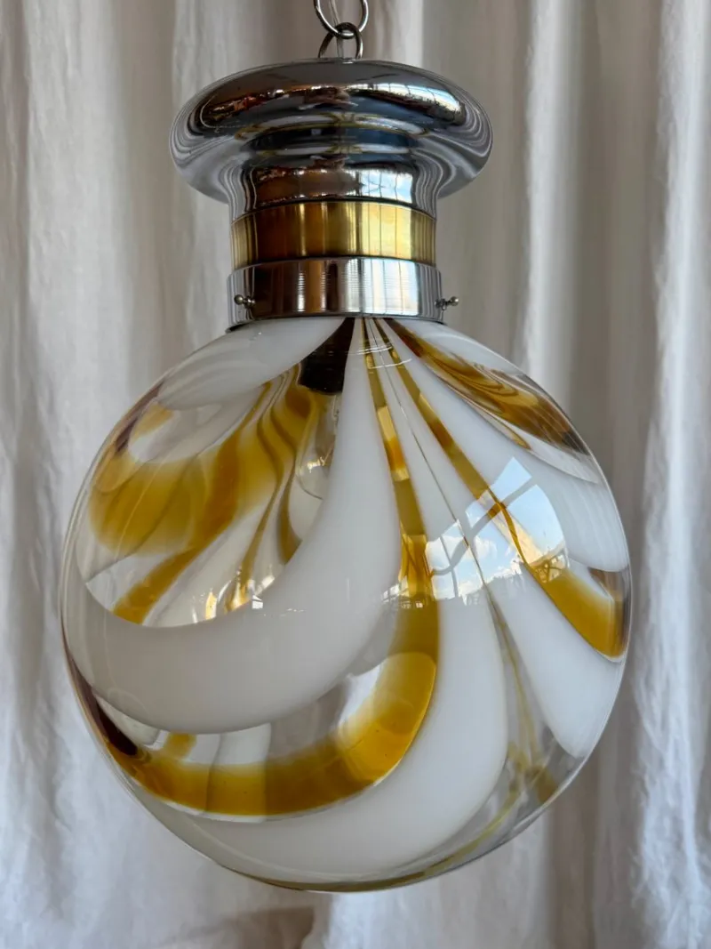 Best Pamono Mid-Century Italian Amber and White Swirl Murano Glass Globe Pendant, 1960s