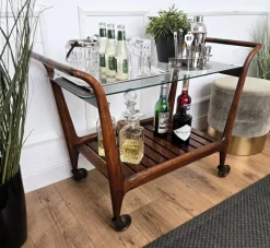 Clearance Pamono Mid-Century Italian Art Deco Style Wood and Brass Dry Bar Cart by Paolo Buffa, 1950s