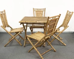 Pamono Mid-Century Italian Bamboo and Rattan Foldable Table and Four Chairs, 1960s, Set of 5