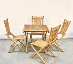 Pamono Mid-Century Italian Bamboo and Rattan Foldable Table and Four Chairs, 1960s, Set of 5