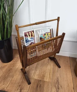 Pamono Mid-Century Italian Cane Rattan and Wood Magazine Rack, 1960s> Magazine Racks