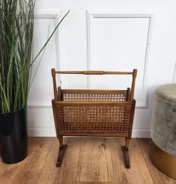 Pamono Mid-Century Italian Cane Rattan and Wood Magazine Rack, 1960s><noscript><img width=