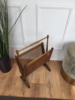 Pamono Mid-Century Italian Cane Rattan and Wood Magazine Rack, 1960s><noscript><img width=