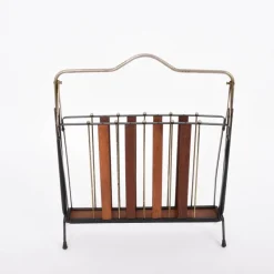 Outlet Pamono Mid-Century Italian Enameled Metal, Wood and Brass Magazine Rack, 1950s