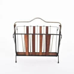 Outlet Pamono Mid-Century Italian Enameled Metal, Wood and Brass Magazine Rack, 1950s