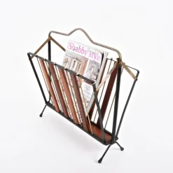 Outlet Pamono Mid-Century Italian Enameled Metal, Wood and Brass Magazine Rack, 1950s