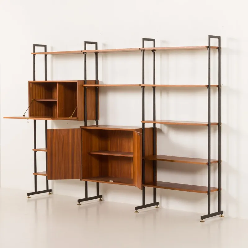 Pamono Mid-Century Italian Free-Standing 3-Bay Wall Unit in Teak, 1970s> Shelves & Wall Units