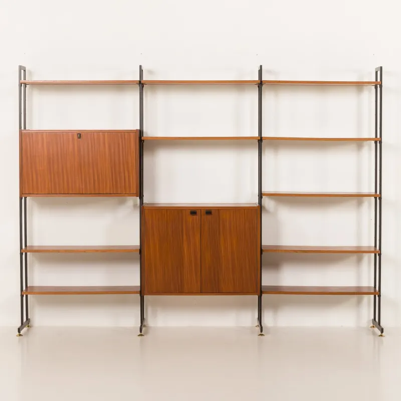 Pamono Mid-Century Italian Free-Standing 3-Bay Wall Unit in Teak, 1970s> Shelves & Wall Units