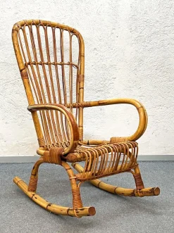 Pamono Mid-Century Italian French Riviera Rattan & Bamboo Rocking Chair, 1960s><noscript><img width=