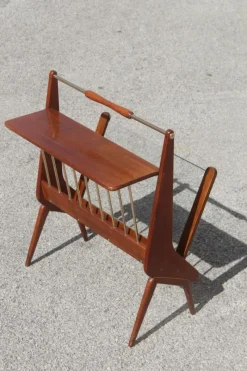 Pamono Mid-Century Italian Modern Geometric Wood & Brass Magazine Rack, 1950s><noscript><img width=