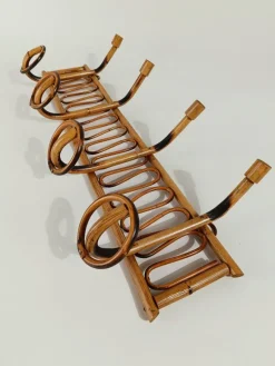Pamono Mid-Century Italian Riviera Rattan and Bamboo Wall Coat Rack / Wall Hanger, 1960s><noscript><img width=
