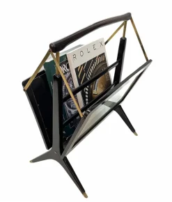 Clearance Pamono Mid-Century Italian Wood & Brass Foldable Magazine Rack by Cesare Lacca for Arredoluce, 1950s