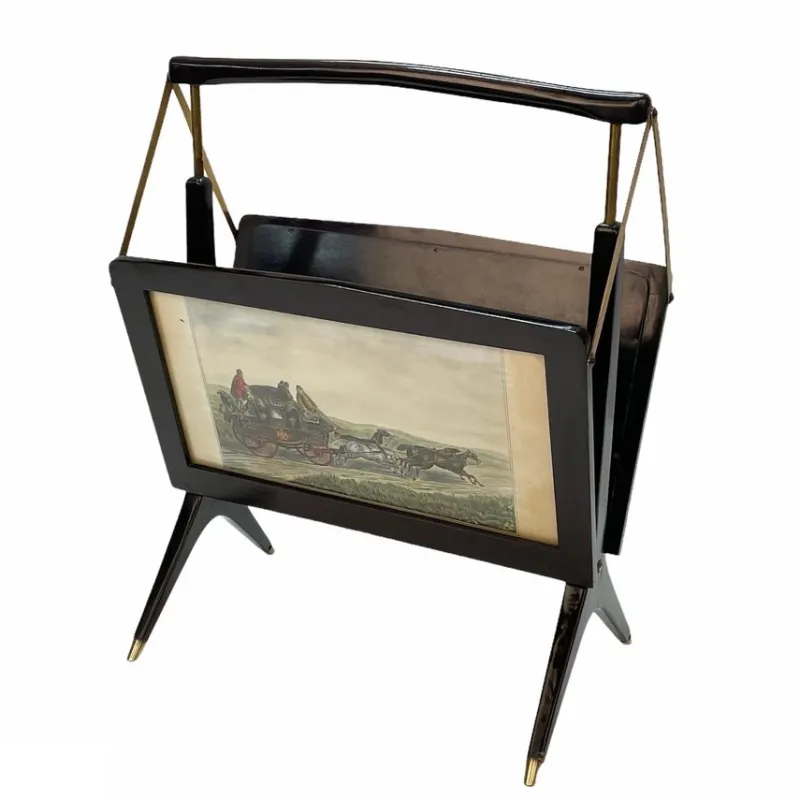 Clearance Pamono Mid-Century Italian Wood & Brass Foldable Magazine Rack by Cesare Lacca for Arredoluce, 1950s