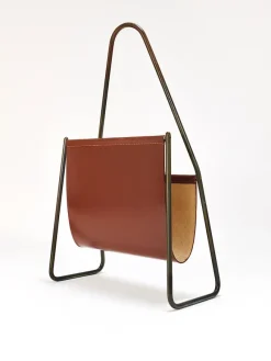 Pamono Mid-Century Magazine Rack in Brass & Brown Leather attributed to Carl Auböck, Austria, 1950s><noscript><img width=